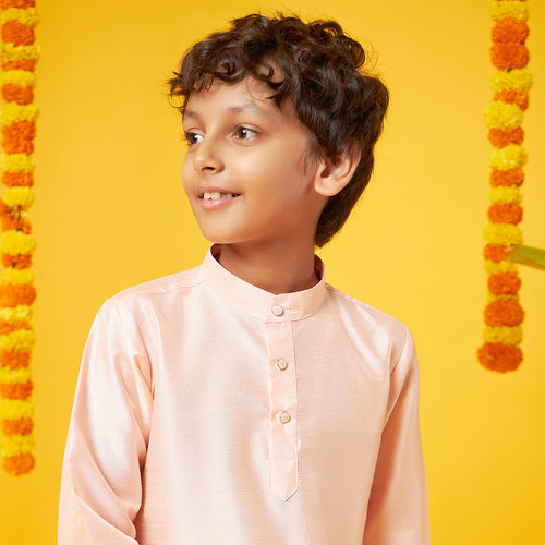 Peach Silk Kurta With Pajama Set For Father-Son