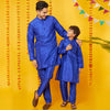 Royal Blue Silk Kurta With Pajama Set For Father-Son