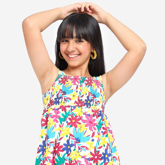 Girls Printed Multi Clour Strapped Casual Cotton Dress