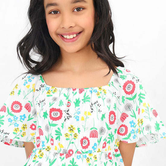 Girls Printed Smocked Multicolor Casual Cotton Dress