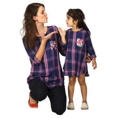 Checks tunic with patch pocket for mom daughter