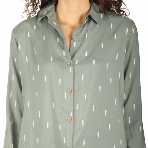 Green Feather Print Relaxed Fit Shirt Dress