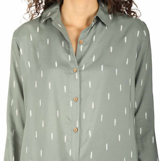 Green Feather Print Relaxed Fit Shirt Dress