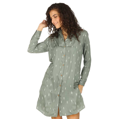 Green Feather Print Relaxed Fit Shirt Dress