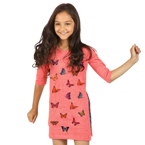 Coral high slit butterfly print long knitted top for mom & daughter