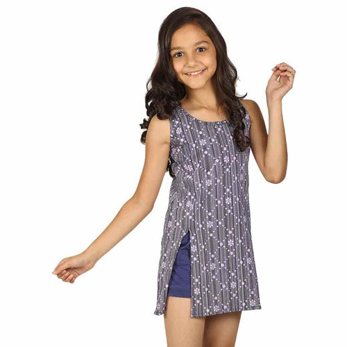 Navy blue front slit printed long top for mom & daughter