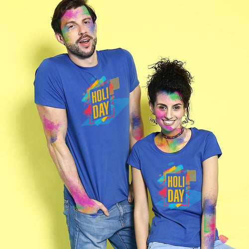 Holi Day , Matching Royal Blue Tees For Couples