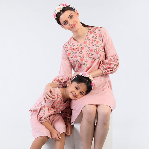 Pink Roses Shift Dress For Mom And Daughter