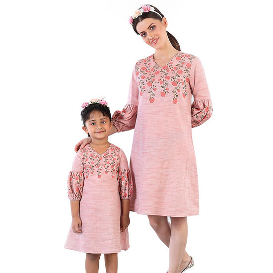 Pink Roses Shift Dress For Mom And Daughter