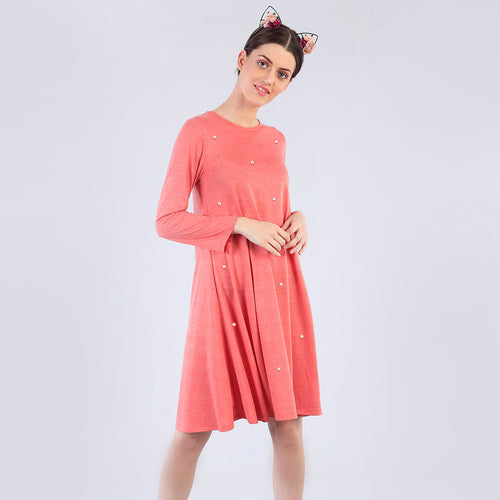 Pearl Embelished Coral Flare Dress For Mom And Daughter