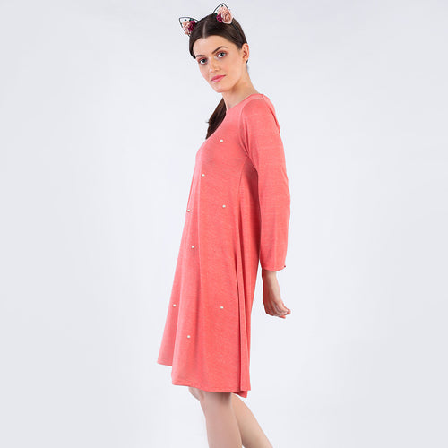 Pearl Embelished Coral Flare Dress For Mom And Daughter