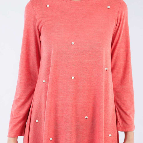 Pearl Embelished Coral Flare Dress For Mom And Daughter