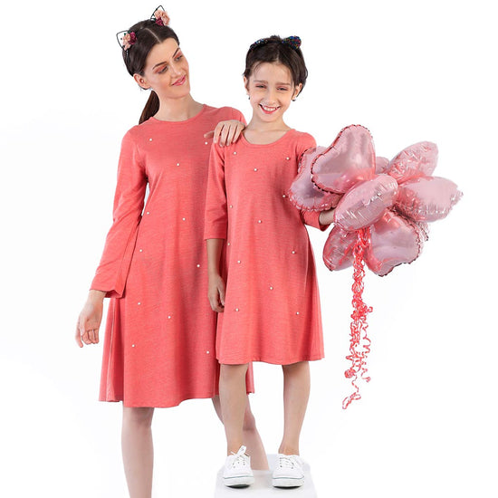Pearl Embelished Coral Flare Dress For Mom And Daughter