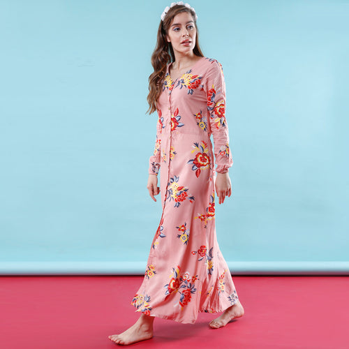 Pink Roses, Button Down Matching Maxi Shirt Dresses For Mom And Daughter