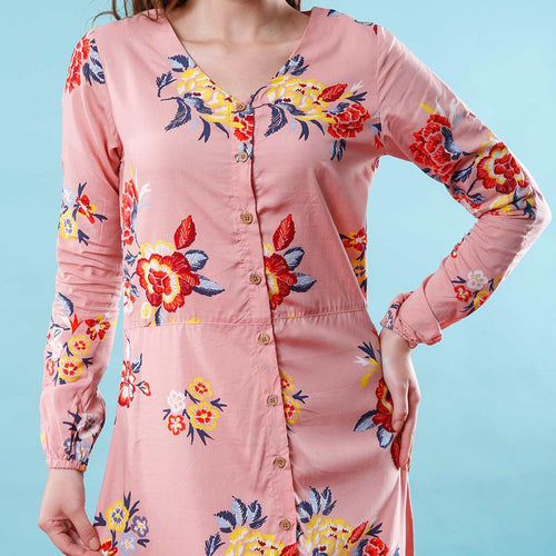 Pink Roses, Button Down Matching Maxi Shirt Dresses For Mom And Daughter