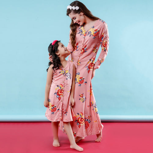 Pink Roses, Button Down Matching Maxi Shirt Dresses For Mom And Daughter