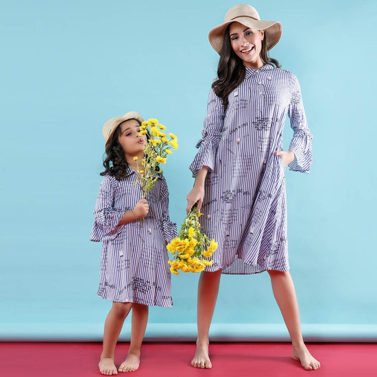 Stripers Bell Sleeves Matching Swing Dresses For Mom And Daughter