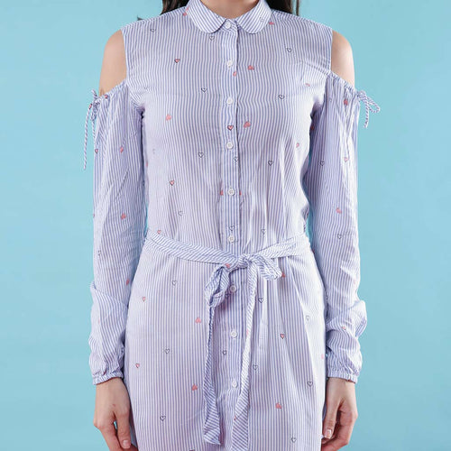 Stripey Notes, Cold Shoulder Matching Shirt Dresses For Mom And Daughter