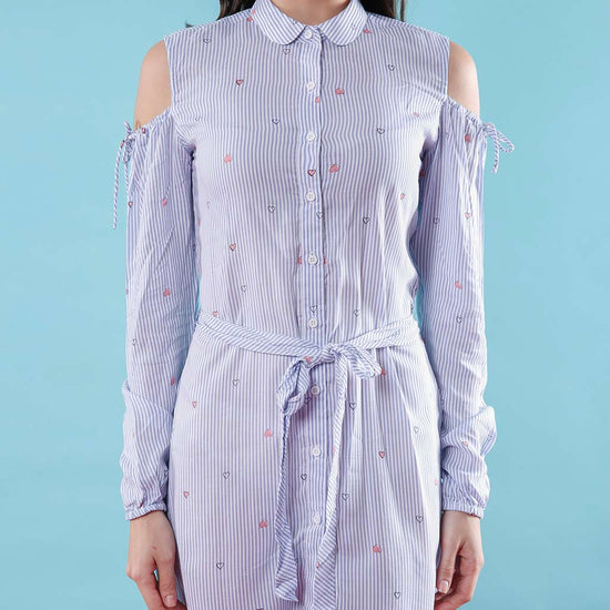 Stripey Notes, Cold Shoulder Matching Shirt Dresses For Mom And Daughter