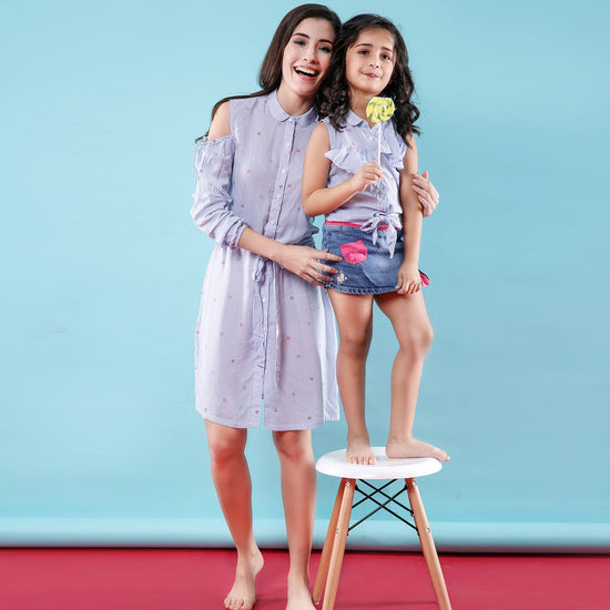 Stripey Notes, Cold Shoulder Matching Shirt Dresses For Mom And Daughter