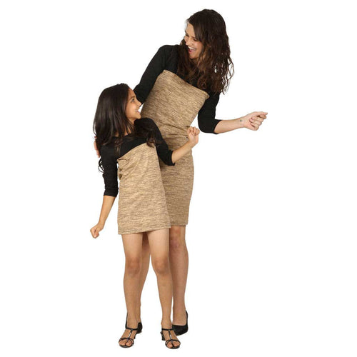 Pastel brown yoke knitted dress for mom daughter