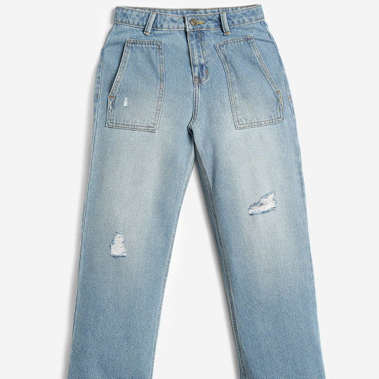 Girls Jean Mildly Distressed Light Fade Cotton Jeans