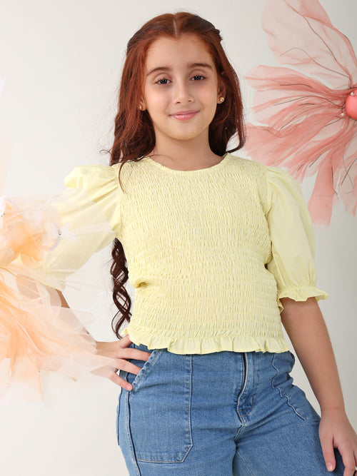 Girls Tops Yellow Short Sleeves Round Neck