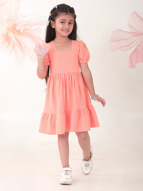 Girls Dresses Peach Half Sleeve Round