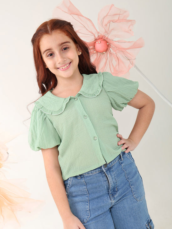 Girls Tops Green Short Sleeves Shirt Collar