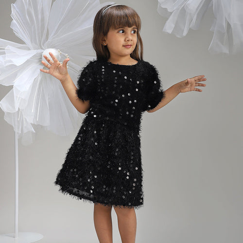 Girls Black Polyester Dress Stylish Evening and Party Outfit