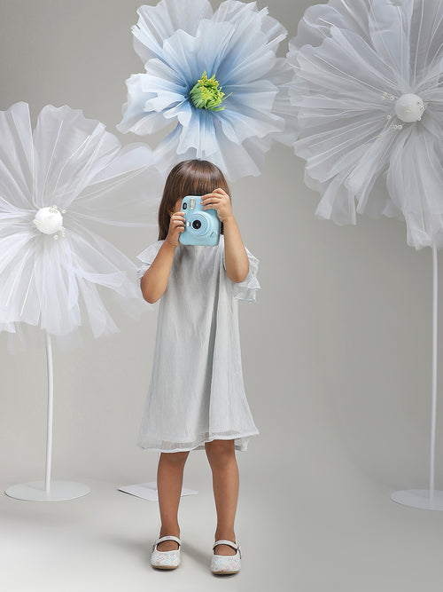 Girls Silver Shimmer Polyester Dress Glam Party Wear for Kids