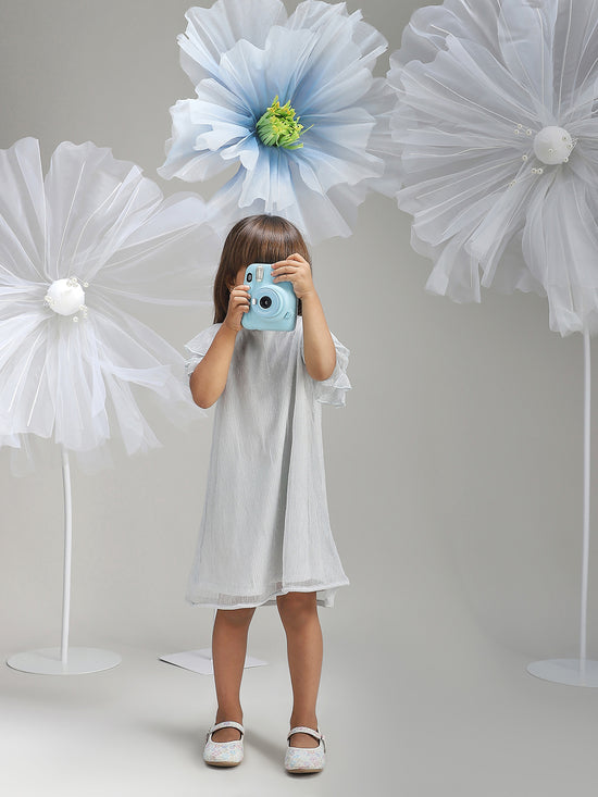 Girls Silver Shimmer Polyester Dress Glam Party Wear for Kids