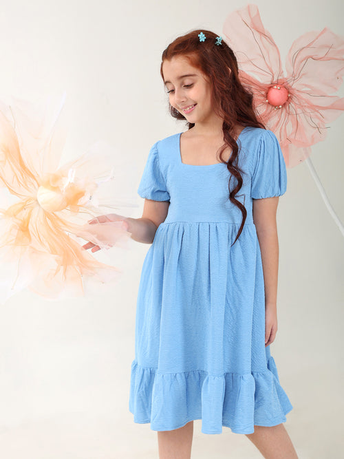 Girls Dresses Blue Short Sleeve Round Neck