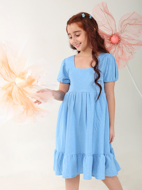 Girls Dresses Blue Short Sleeve Round Neck