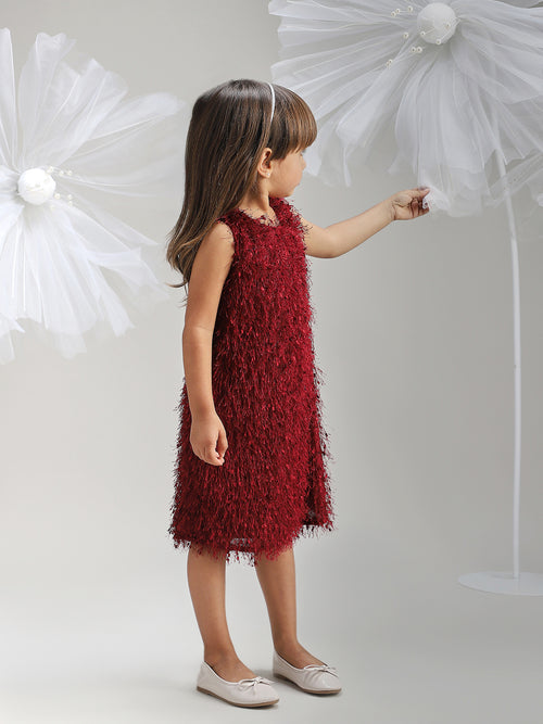 Girls Maroon Polyester Dress Elegant and Soft Festive Wear