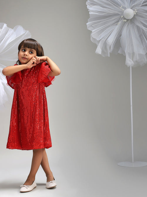 Girls Red Polyester Dress Beautiful Festive and Party Outfit