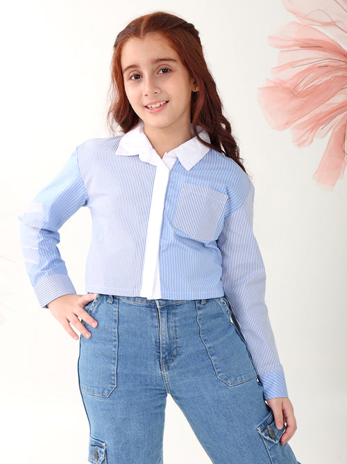 Girls Tops Blue Long Sleeves Shirt Collar