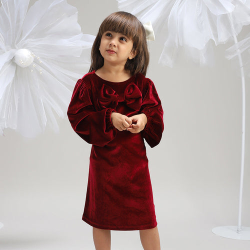 Girls Maroon Polyester Dress Elegant and Soft Festive Wear