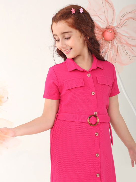 Girls Dresses Pink Short Sleeve Shirt Collar