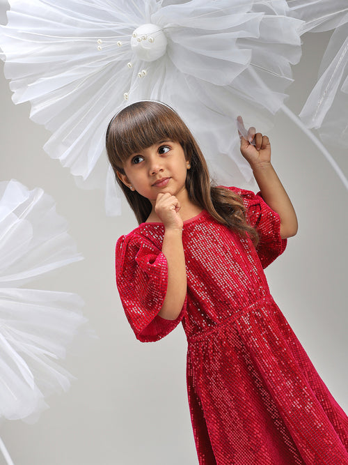 Girls Red Polyester Dress Beautiful Festive and Party Outfit