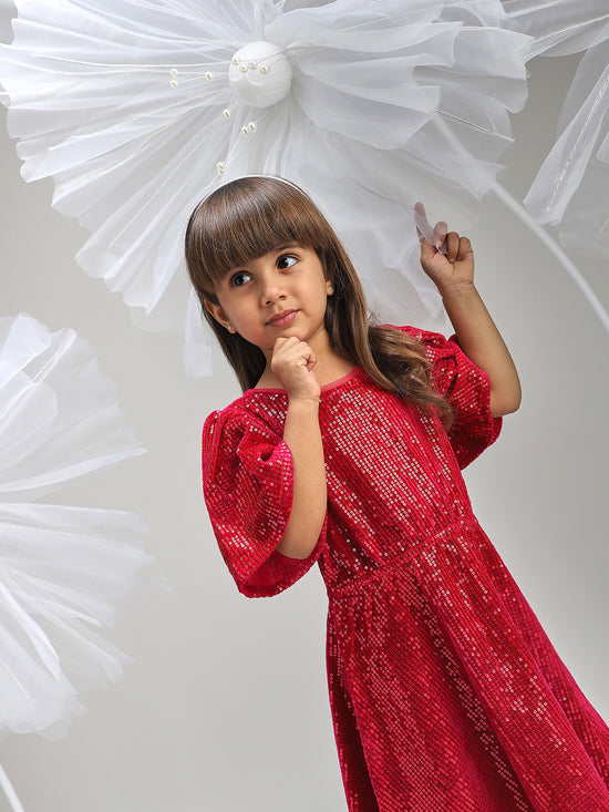 Girls Red Polyester Dress Beautiful Festive and Party Outfit