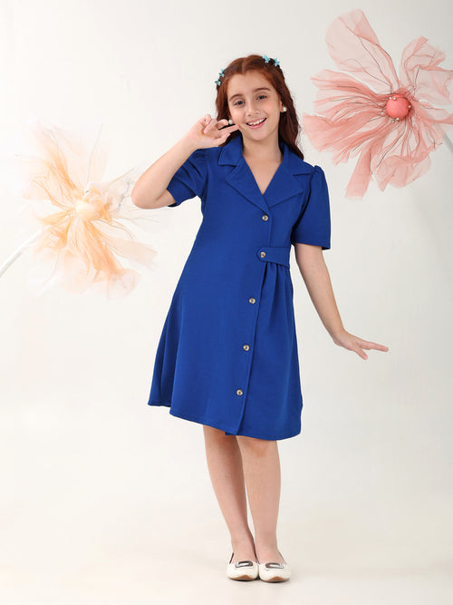 Girls Dresses Blue Short Sleeve Shirt Collar