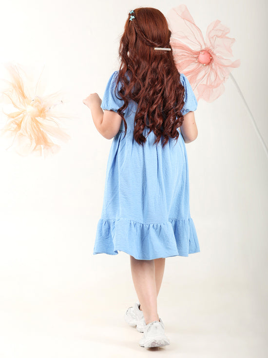 Girls Dresses Blue Short Sleeve Round Neck
