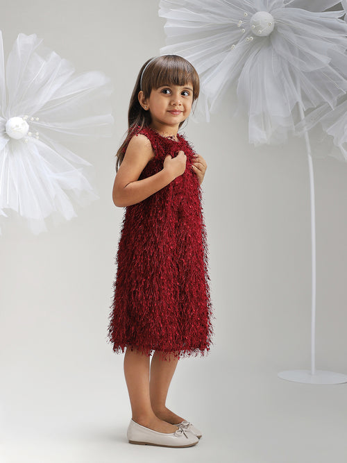 Girls Maroon Polyester Dress Elegant and Soft Festive Wear