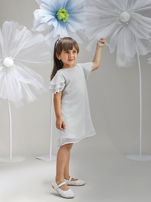 Girls Silver Shimmer Polyester Dress Glam Party Wear for Kids