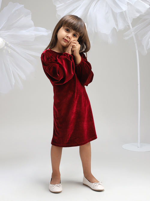 Girls Maroon Polyester Dress Elegant and Soft Festive Wear
