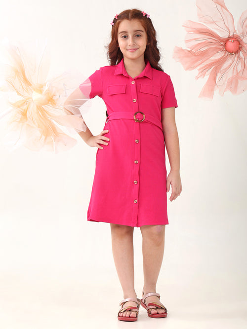 Girls Dresses Pink Short Sleeve Shirt Collar