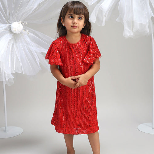 Girls Red Polyester Dress Beautiful Festive and Party Outfit