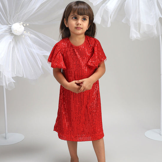 Girls Red Polyester Dress Beautiful Festive and Party Outfit