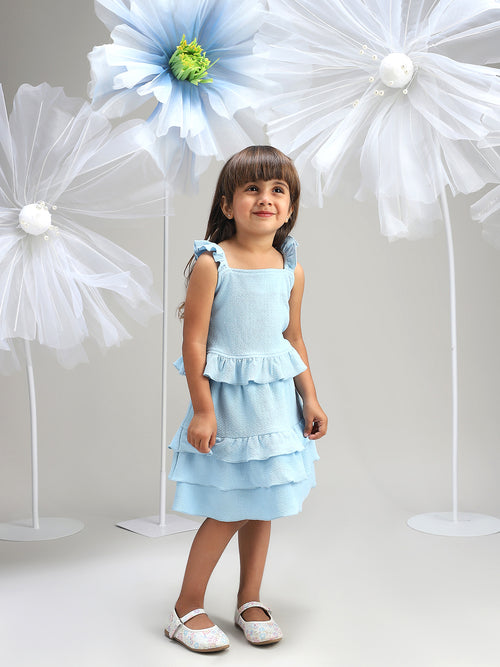Girls Blue Polyester Dress Fancy Party Wear for Kids|BON12348